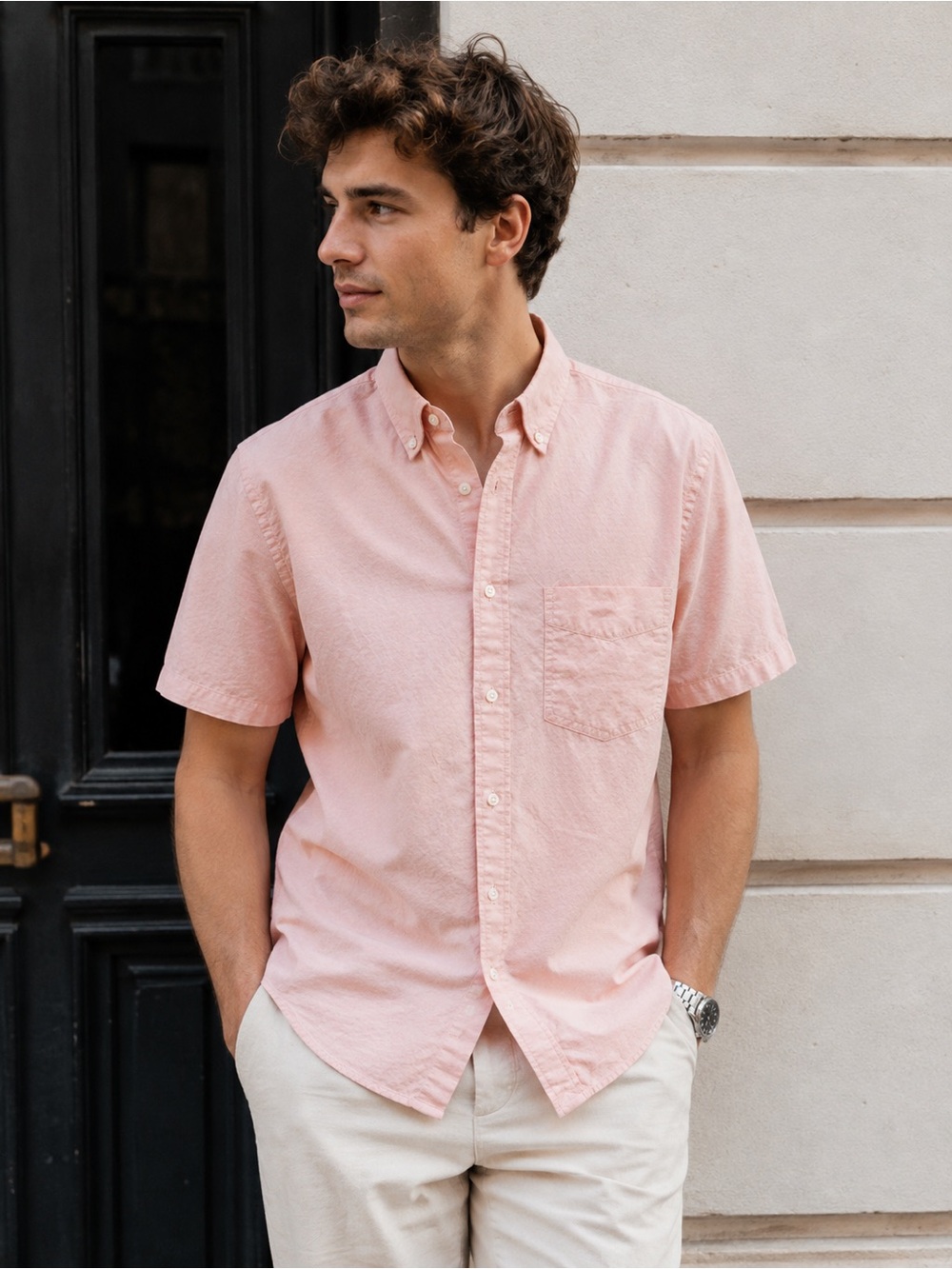 Club Monaco Men's Short-Sleeve Button-Down Cotton Shirt in Light Pink